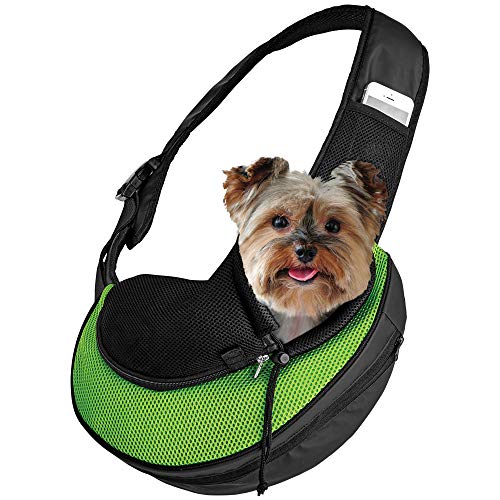 Expandable Pet Carrier Sling Bag - Small Dog, Puppy and Cat Carrier Front Shoulder Backpack w/Harness Strap - Carrying Pouch for ESA, Animal Travel - PU Leather Bottom, Mesh Pocket by Katziela (Green) - color: Green