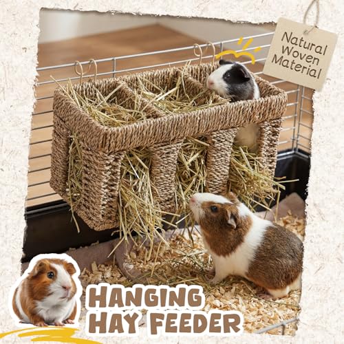 Sliner 2 Pcs Natural Seagrass Guinea Pig Hay Feeder, Five Arch Rabbit Hay Rack Holder with Metal Hanging Hook, Less Waste for Bunny Chinchillas, Small Animal Cage Accessories, Pet Gifts