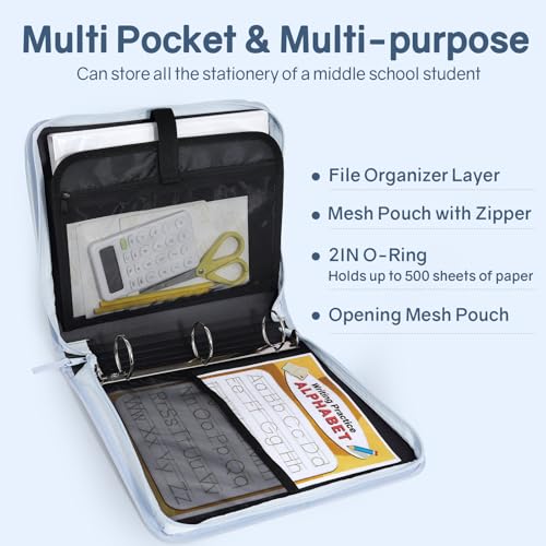 SUNEE Zippered Binder Bag with Handle, 2-Inch 3-Ring O-Ring, 500-Sheet Capacity, Includes Zip Pocket, 5-Tab Expanding File Folder, Multi-Pocket Organizer Binder for Middle School, Dusk Blue - color: Dusk Blue