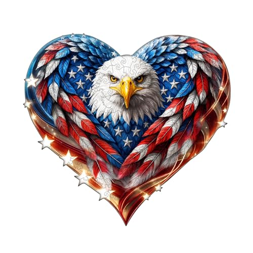 Wooden Puzzles for Adults - Patriotic Bald Eagle | Unique Heart-Shaped Pieces Wooden Jigsaw Puzzles - 4th of July Wood Gift for 250th Anniversary (8.5 * 7.9in -100 Pieces) - color: Patriotic Eagle-2, size: Small