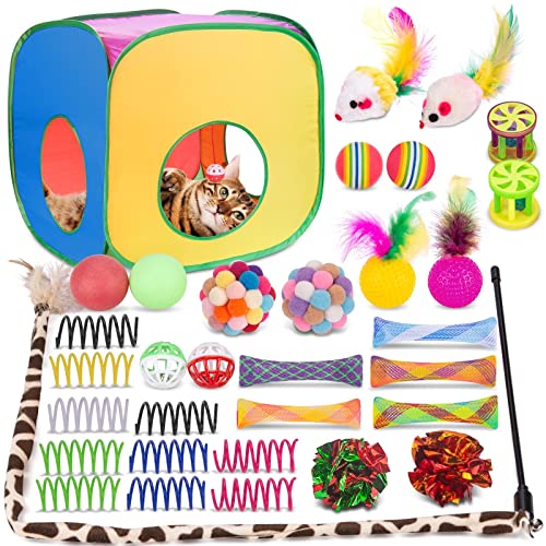 Retro Shaw 33 Pack Cat Toys Set with Tunnel, Large, 21.3Inches | Interactive Kitten Toys Packs, Feather Wand Kit, For Indoor Cats, Collapsible Tent - color: For cats over 12lbs