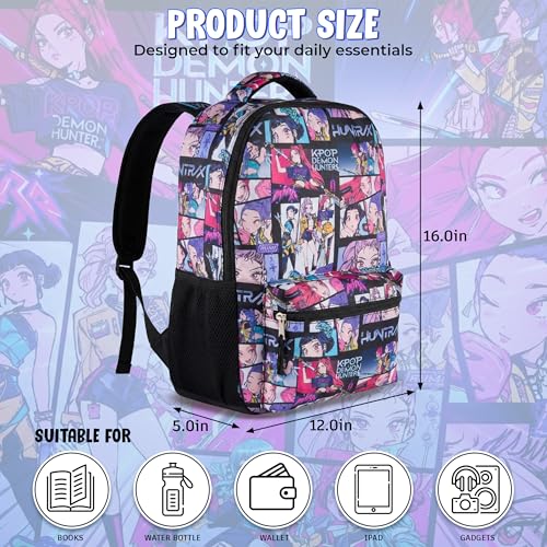 AI ACCESSORY INNOVATIONS K-Pop Demon Hunters Huntrix 16” Backpack for Girls, Featuring an AOP of Rumi, Zoey, Mira, Allover Print - color: Kpop Allover Print