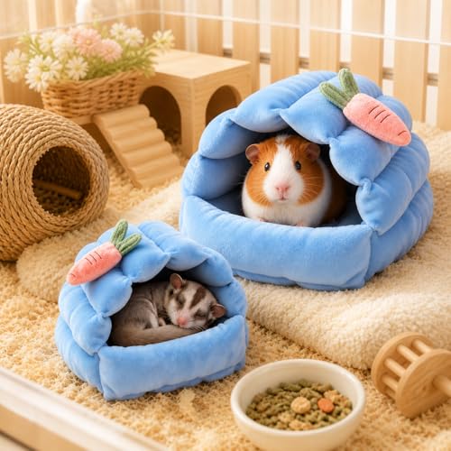 Meow&Woof 2 Pack Small Animal Beds - Cozy Hamster Hideout, Washable Guinea Pig & Hedgehog House, Blue Hideaway for Sugar Glider, Chinchilla, and Rats. - color: Blue