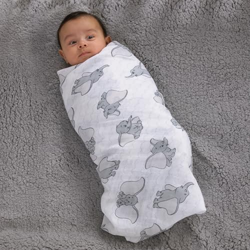 Disney Dumbo 3 Piece Muslin Swaddle Baby Blanket Set - color: Dumbo Gray and White