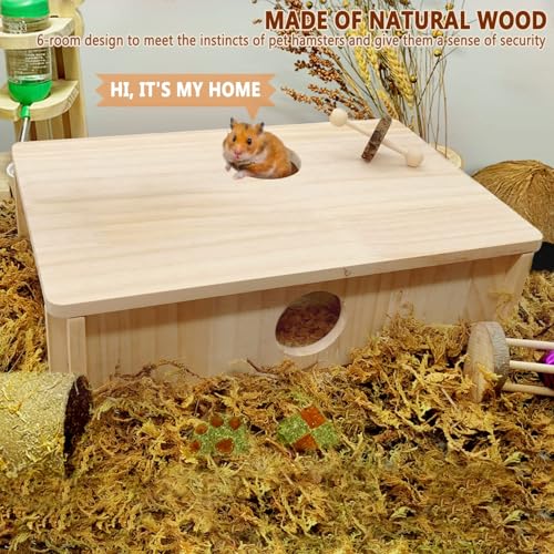 Kathson Multi-Chamber Hamster Tunnel House Maze: 2 Entrance 6 Rooms Hideout | Multichamber Hamster Hide with Cover,Mice House Tunnel Exploring Toy for Dwarf Hamsters, Gerbils,Small Animals - color: Natural wood Hamster Maze House