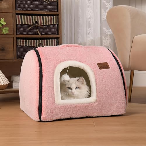 cat Bed cave-cat beds for Indoor Cats,Soft and Comfortable Cute cat Bed，cat House,with Removable Washable Cushioned Pillow,Enclosed pet Bed,Kitty pet hut、Hideaway,Small Large Dog Tent (Pink) - color: Pink, size: M:(17.7"×14.9"×14.9")
