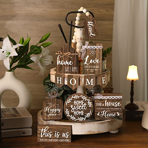 11 Pcs Home Tiered Tray Decor Sweet Home Rustic Farmhouse Tiered Tray Decorations Set Spring Wooden Signs Vintage Farm Animal Farmhouse Tabletop Wood Signs for Kitchen Table Shelf Decor - style: Vintage