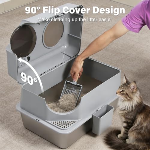 Stainless Steel Litter Box with Lid, XL Large Enclosed Cat Litter Box | Metal Cat Litter Box for Big Cats with High Sided,Anti-Leakage,Front & Top Entry,Includes Mat & Scoop - size: XL (Enclosed)