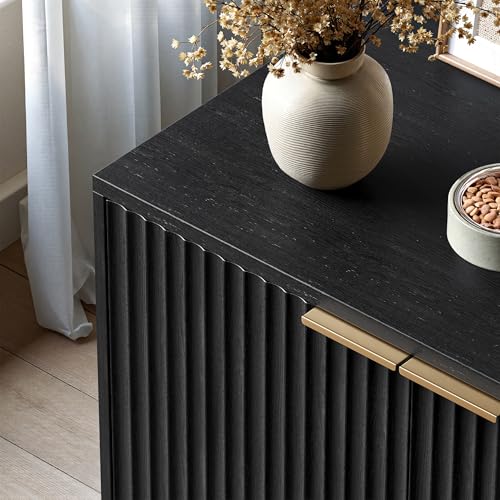 Evermagin 31.5" Cat Litter Box Enclosure Furniture | Black Hidden Litter Box Cabinet, Modern Indoor Cat House, Fluted Kitty End Table for Living Room, Bedroom, Entryway - color: Black