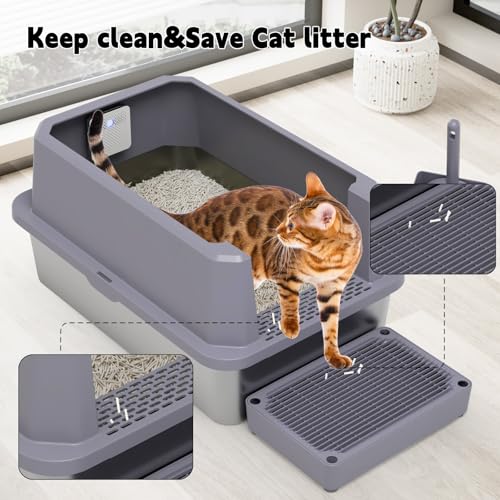 RIZZARI Stainless Steel Litter Box: Leakproof 2-Pack High Walls for Cats | 6.5" Anti-Spill Walls / Dual Filtering Holes / 304 Non-Absorbent Base / Teflon Easy-Clean / Built-In Deodorizer - color: Cool Gray with Deodorizer, 2 Pack