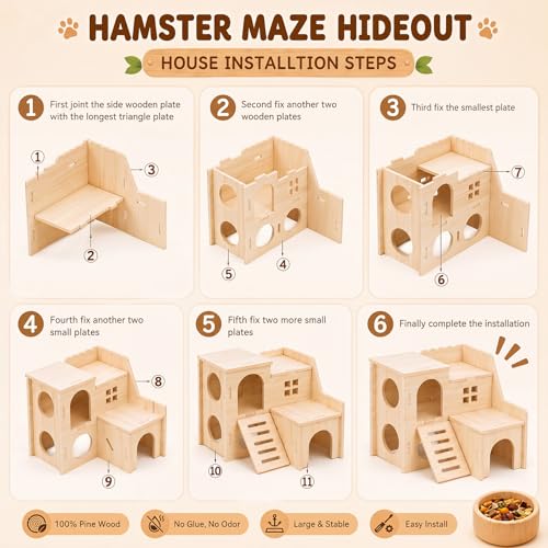 BreezeHug 6 Pcs Hamster Wooden Cage Accessories Include Hideout Climbing Tunnel Maze Wood House Natural Tunnel Tube Flexible Bridge Fence Water Bottle Toy Set for Small Animals Syrian Gerbil Rat - style: Stylish