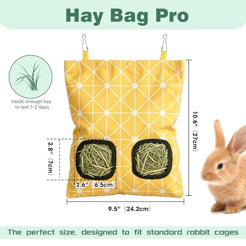 Rabbit Hay Bag 2 Pack - 2 Holes Hanging Bunny Hay Feeder Holder with Metal Hooks, Oxford Cloth Guinea Pig Feeding Bag Storage for Chinchillas Hamsters and Small Animals (Blue Yellow) - color: Blue Yellow