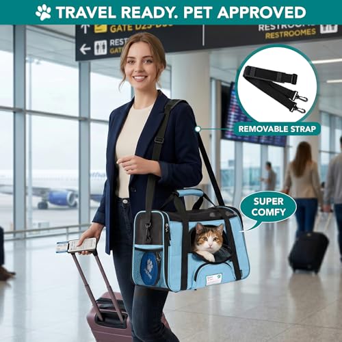 PetAmi Airline Approved Pet Carrier for Cats & Small Dogs, Large Light Blue | Soft Sided TSA Travel Bag, Sherpa Bed, Breathable Mesh Ventilation, Collapsible Bowl, Fits Under Seat, Up to 18 lbs - color: Light Blue, size: Large - 19.5"L x 10.2"W x 12"H