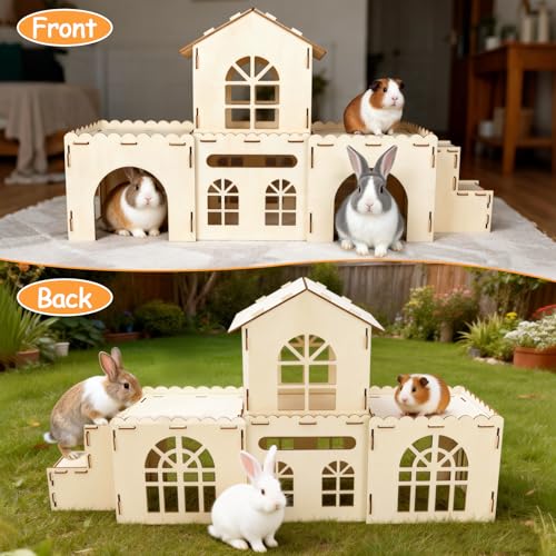 BWOGUE Extra Large Wooden Rabbit Castle, Bunny House Two Tiers with Stairs | Wooden Bunny Hideout, Rabbit Houses and Hideouts, Natural Pine Wood, Detachable Build, Two Doors, Guinea Pigs & Rabbits - style: 4 House and 1 Ladder