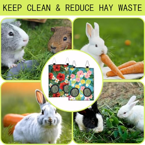 2Pcs 2 Styles Guinea Pig Hay Feeder Rabbits 11.6 x 9.1 Inch Tropical Flowers Design, Hanging Hay Holder Cloth Washable Feeding Storage Bag with 2 Holes for Rabbit Bunny Chinchillas Hamsters - color: Flower-2