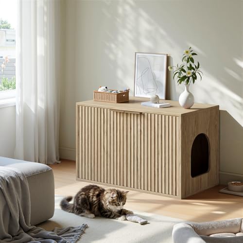 Evermagin 31.5" Cat Litter Box Enclosure Furniture | Oak Hidden Litter Box Cabinet, Modern Indoor Cat House, Fluted Kitty End Table for Living Room, Bedroom, Entryway - color: Oak