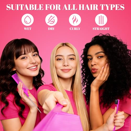 SALONSILK 6PCS Professional Comb Set, Edge Brush Wide Tooth Rat Tail Fine Tooth Hair Combs for Women&Men, Braiding Cutting Barber Styling Curly Parting Set for Curls, Natural Black Hair - color: Rose red-6PCS