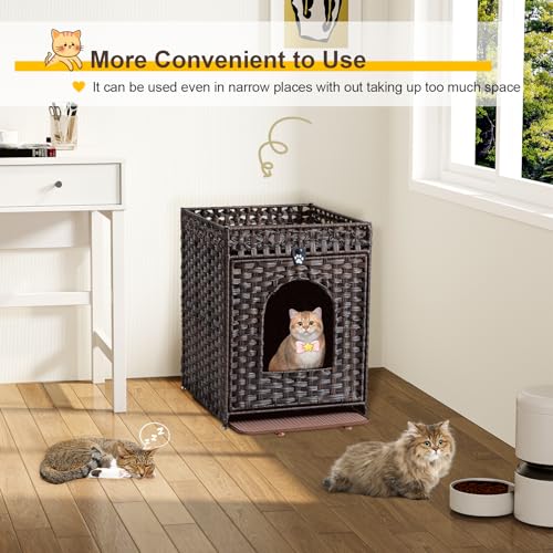 Snughome Cat Litter Box Enclosure Furniture Hidden with Litter Mat, Hidden Cat Washroom Furniture with Door, Handwoven Rattan Cat Washroom Box, Indoor Pet House for Living Room, Bedroom (Brown) - color: Brown