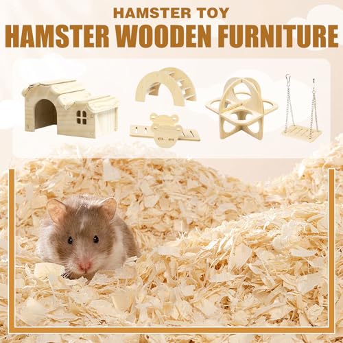 Hamster Toys 5-Piece Set,Hamster House, Swing, Climbing Ladder, Seesaw & Exercise Wheel,Pet DIY Sport Exercise Toys Set, Small Animal Habitat Accessories,Gerbils, Mice(Natural Wood A) - color: BrownH