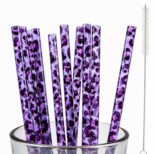 10 Pcs Reusable Leopard Straws Hard Plastic Drinking Straw with Cleaning Brush Leopard Print Animal Drinking Straw Statement Cheetah Animal Straws Birthday Party Favors(Purple) - color: Purple