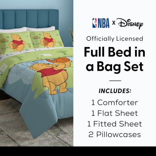 Disney Winnie The Pooh Full Comforter Set 5 Piece Includes Reversible Comforter & Sheet Bedding Set Soft Fade Resistant Microfiber Officially Licensed - color: Pooh Star Full