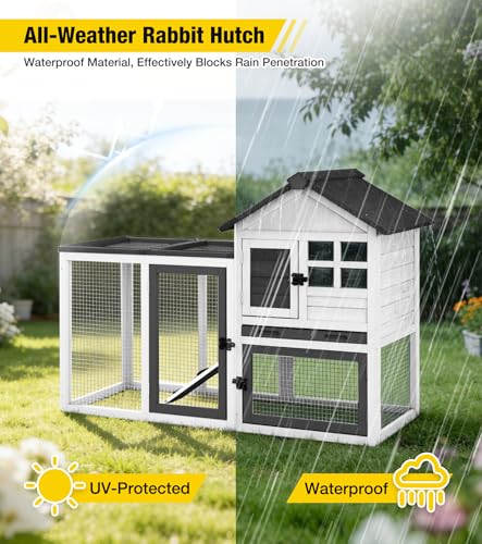 Aivituvin Two-Tier Rabbit Hutch Outdoor Bunny Cage Indoor with Weatherproof Roof Rabbit Cage with Chew-Proof Ramp and Pull-Out Tray for for Small Animals Black and White