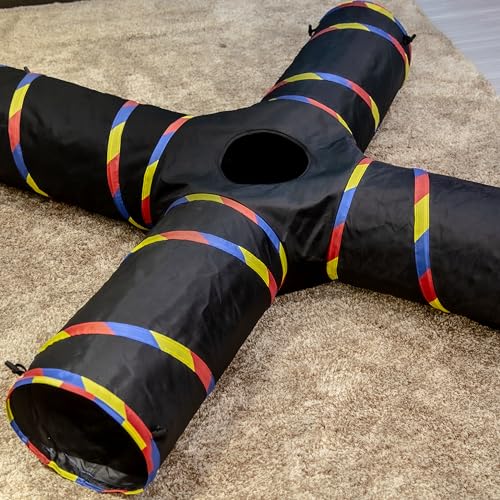 Cat Tunnels - 4 Way Cat Tunnel for Indoor Cats Play & Exploration (with Mouse Toy) - Collapsible Pop Up Tubes for Ferrets, Rabbits, and Small Dogs Fun