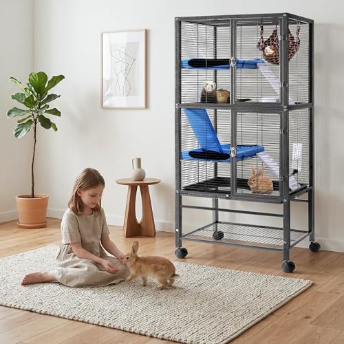 HABUTWAY 55''H Large Metal Rolling Ferrets Cage, Cage for Rats/Chinchillas, 0.5'' Bar Spacing for Ferret,Small Animal Cage w/Removable Ramp & Platform