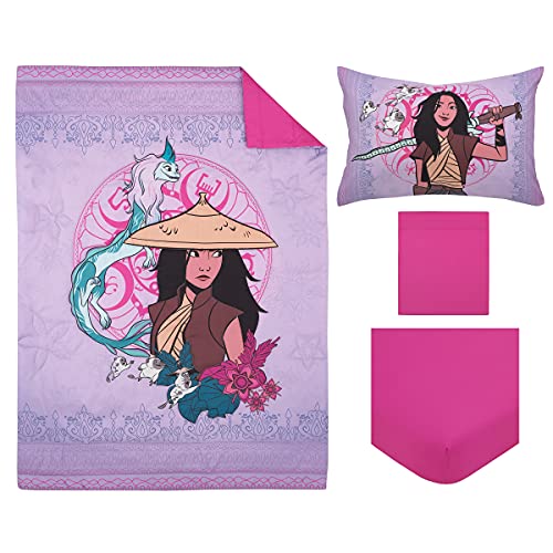 Disney Raya and The Last Dragon Mythic Pop Lavender, Magenta, and Blue with Sisu Dragon and Tuktuk 4 Piece Toddler Bed Set - Comforter, Fitted Bottom Sheet, Flat Top Sheet, and Reversible Pillowcase - color: Disney Raya and the Last Dragon