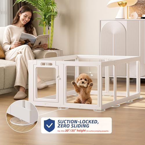 Clear Acrylic Dog Playpen Indoor, Puppy Cat Small Pet Play Pen, Pet Cat Playpen for Rabbits, Dog Fence Crate Kennel Whelping Cage (24", White, 10 Panels)