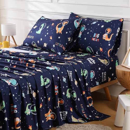 Full Sheet Set for Boys Dinosaur Outer Space Themed Kids Bed Sheet 4 Piece | 15 inch Deep Pocket Fitted Sheet and Pillowcase Set,Soft Breathable Microfiber Cartoon Printed Bed Sheet for Kids Room - color: Space Dinosaur, size: Full