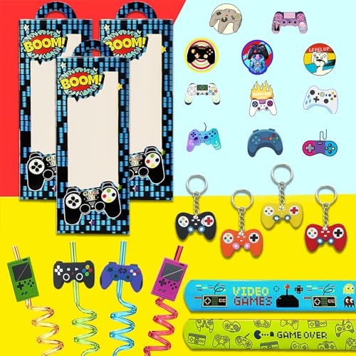 110PCS Video Game Party Favors, Gamer Goodie Bag Stuffers and Supplies | 110PCS video game party favors with boxes, keychains, wristbands, reusable straws, slap bracelets and 50 gaming stickers. - style: Video Game