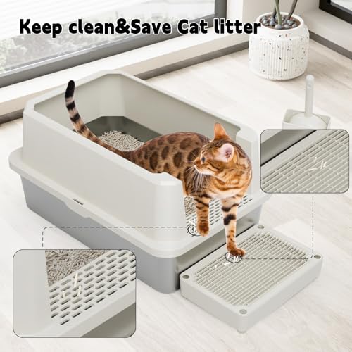 RIZZARI Stainless Litter Box Semi-Closed: Odorless, Large, Easy Clean | High Splash Guard / Non-Stick Steel Pan / 20L Capacity / Raised Step / Fits Any Room / Multi-Cat Use - color: Beige, 1 Pack