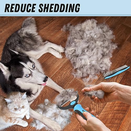 Docrok Pet Grooming Combo - Blue Deshedding Brush with Metal Comb for Detangling and Dematting Long, Matted Fur on Cats and Dogs | Dematting Deshedding Undercoat Rake, Cat Brush Dog Brush Shedding Tool for Long Matted Haired Pets - color: Blue