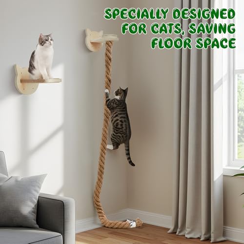 Weysat 2" x 4.92 ft Cat Climbing Rope with 2 Jumping Platform Wall Mounted Thick Jute Cat Scratching Post Furniture Wall Climbing System for Kittens & Large Cats(Wood,Kitten Head) - color: Wood, style: Kitten Head