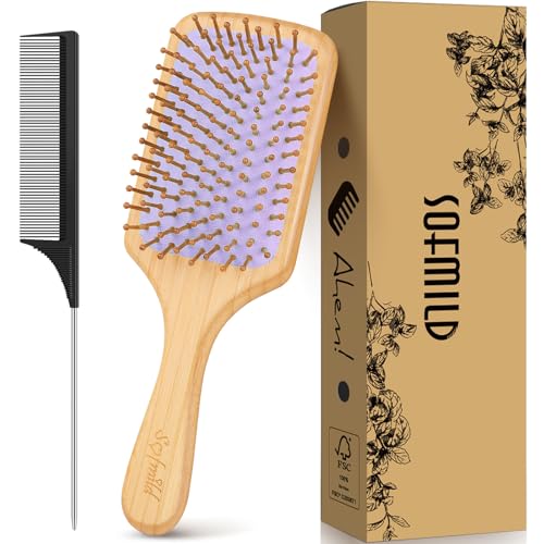 Sofmild Bamboo Hair Brush with Tail Comb, Purple Cushion Paddle Brush | Natural Wooden Hairbrush for Women Men Kids, 2 in 1 Comb Brush for Thick Curly Long Hair,Detangler Brush for Hair Growth - color: Purple