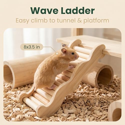 3Pcs Hamster Tunnel and Platform Set, Wooden Hamster Accessories with Wavy Stairs, Multi-Level Cage Hiding Place, Small Animal Climbing Toy, Habitat Decoration (Natural Wood)
