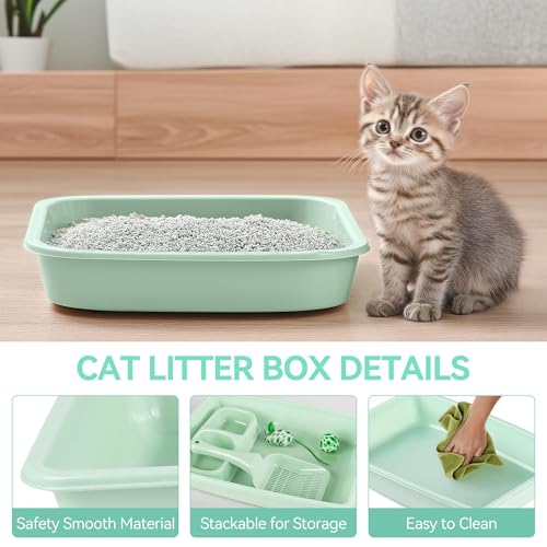 Pawise Newborn Small Cat Litter Box Kit for Kittens – 5‑Piece Kit with Shallow Cat Litter Pan, Feeding Bowls, Scooper, Kitten Starter Kit Mouse Toy, 14.5x10.5 Inches, Green - color: green