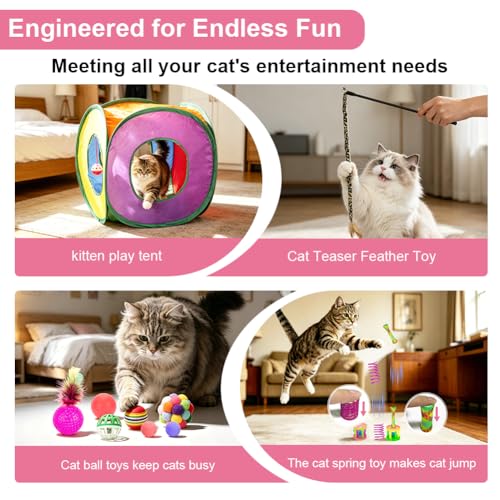 Retro Shaw 33 Pack Cat Toys, Interactive Kitten Toys for Indoor Cats | Collapsible Kitty Tunnel, Durable, Feather Teaser Wand Springs Balls Bell Mouse Kitten Hideaway Playhouse 15.7" - color: For cats less 12lbs
