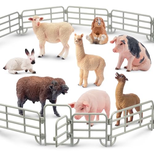 Toymany Realistic 17PCS Farm Animal Figurines Set with Fence, Includes Pigs, Sheeps, Alpaca and Rabbits Figures, Educational Toy Easter Bunny Figures Cake Toppers Birthday Gift for Kids Toddlers - style: Farm Set (17PCS)