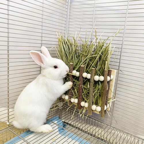 Wood Rabbit Hay Feeder,Hanging Guinea Pig Hay Holder,Biting Resistant Bunny Grass Holder,Small Animals Feeding Grass Manage Rack Dispenser for Chinchilla,Hamsters Cage Accessories