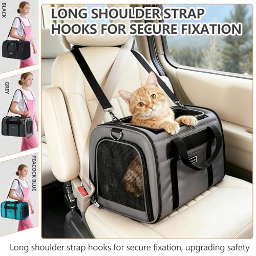 Cat Travel Carrier .Foldable Dog Carrier Bag, Soft Sided cat Carrier up to 20 Lbs,Pet Carrier Soft-Sided Escape Proof with 4 Ventilated Windows, Airline Approved Cat Carrier (Grey) - color: Grey