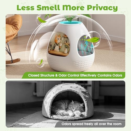 COZIWOW Eggloa6 Plant Litter Box, Hidden Cat Litter Box Enclosure, Odor Removal System, Replaceable Scratching Board, Scoop, Cat House with Cushion ＆ Heating Pad, Artificial Plants (White) - color: Light White