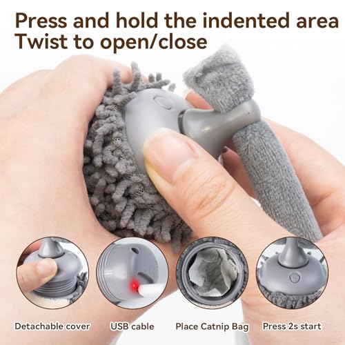 Migipaws Interactive Hedgehog Cat Toy 360° Rolling & Spin with Soft Plush Tail for Indoor Cats Smart Motion Sensor, Realistic Squeak, Rechargeable Plush Kitten Toy (Grey)