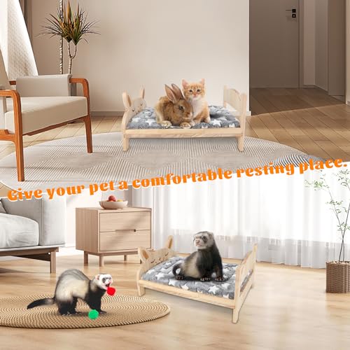 BWOGUE Large Wooden Rabbit Bed, Bunny Bed with Removable Cushion, 2-in-1 | Bunny Wooden Bed, Wooden Bed for Rabbits, 20.5 x 14.3 in, Folding Frame, Raised Resting Spot, Guinea Pigs, Kittens, Rabbits - size: 20.6''×14.7''×3.7''
