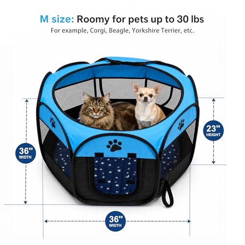 Whelping Box for Cats, Pop-up Playpen for Kittens and Mom with Washable Starry Moon Pad & Grooming Glove, 3-in-1 Portable Cat Delivery Room & Pet Nursery Pen for Indoor Cats Dogs - size: M-36"x36"x23"