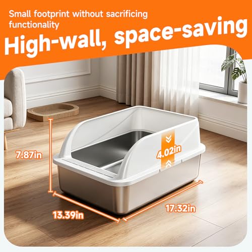 Stainless Steel High-Sided Cat Litter Box with Scoop - Medium | Open top litter pan for indoor cats. Easy to clean design significantly reduces litter scatter.