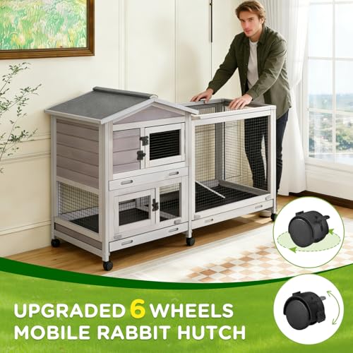 Gutinneen Large Indoor Rabbit Hutch Bunny Cage with Chew-Proof Ramp, Locking Leak-Proof Trays - Outdoor 62" Wooden Rabbit Cage with 6 Wheels for Rabbits, Guinea Pigs, Small Animals (Grey) - size: 62.0"L x 22.6"W x 33.5"H