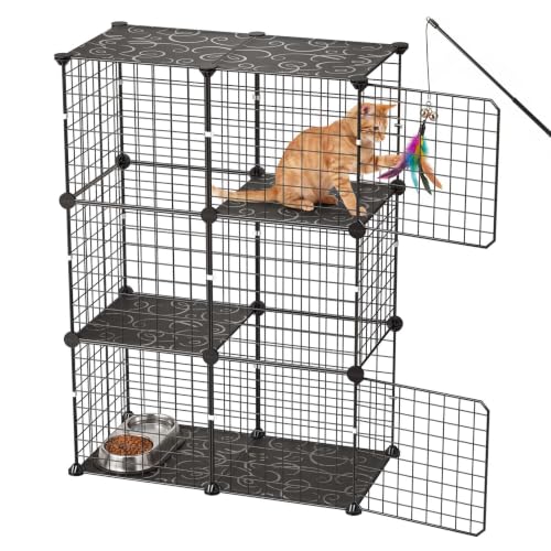 VEVOR Cat Cage 3-Tier 28"x13.98"x40.98" DIY Cat Playpen Indoor Enclosure, Detachable Metal Wire Kennel Crate, Large Exercise Place Ideal for 1-2 Cats, Kittens, Rabbits, Ferrets & Small Animals, Black - size: 28.0"L x 14.0"W x 41.0"H