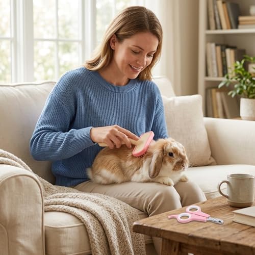 Bunny Brush for Grooming, Desktop Decor Set with Hair Buster Comb Rabbit and Nail Clipper, Rabbit Brush for Adult Stress Relief and Collectible Display, Guinea Pig for Pet Care Accessories